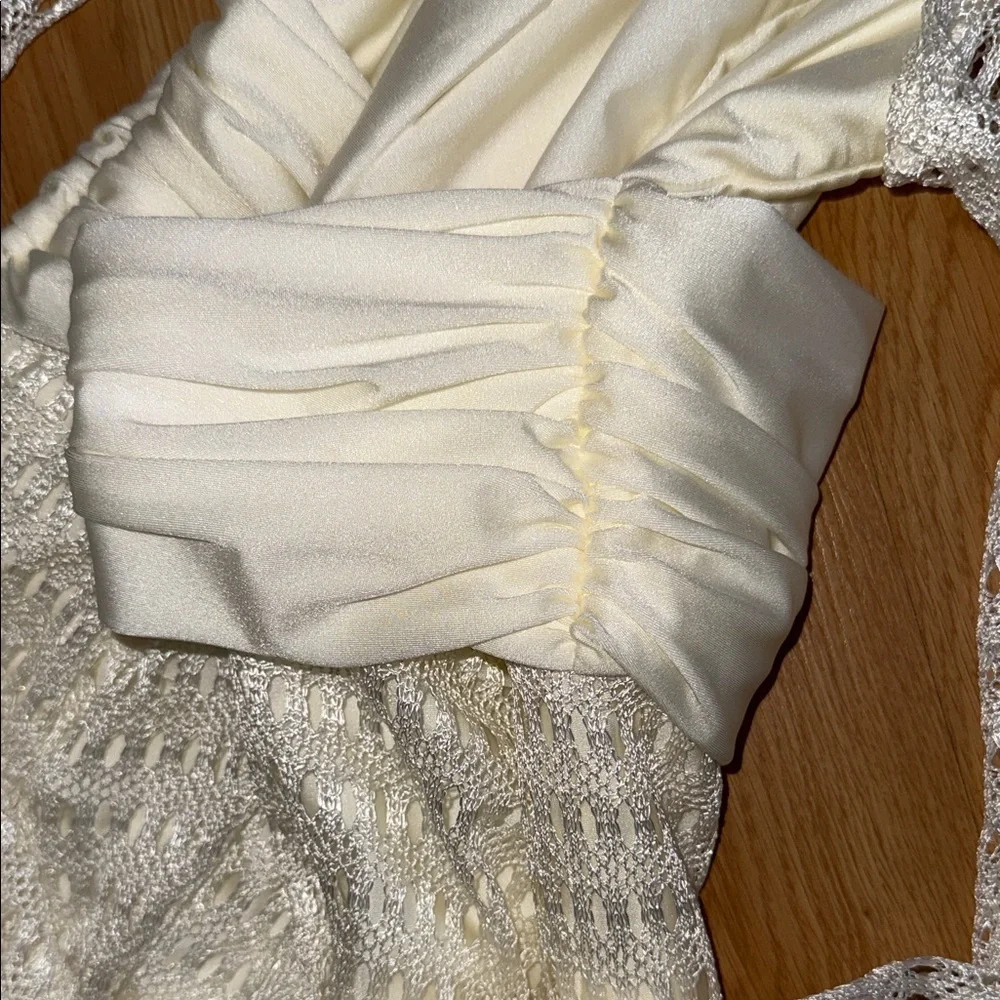PatBO Plunge Long Sleeve Beach Dress Ivory Lace Mesh Dress Seashell Medium - Picture 8 of 11